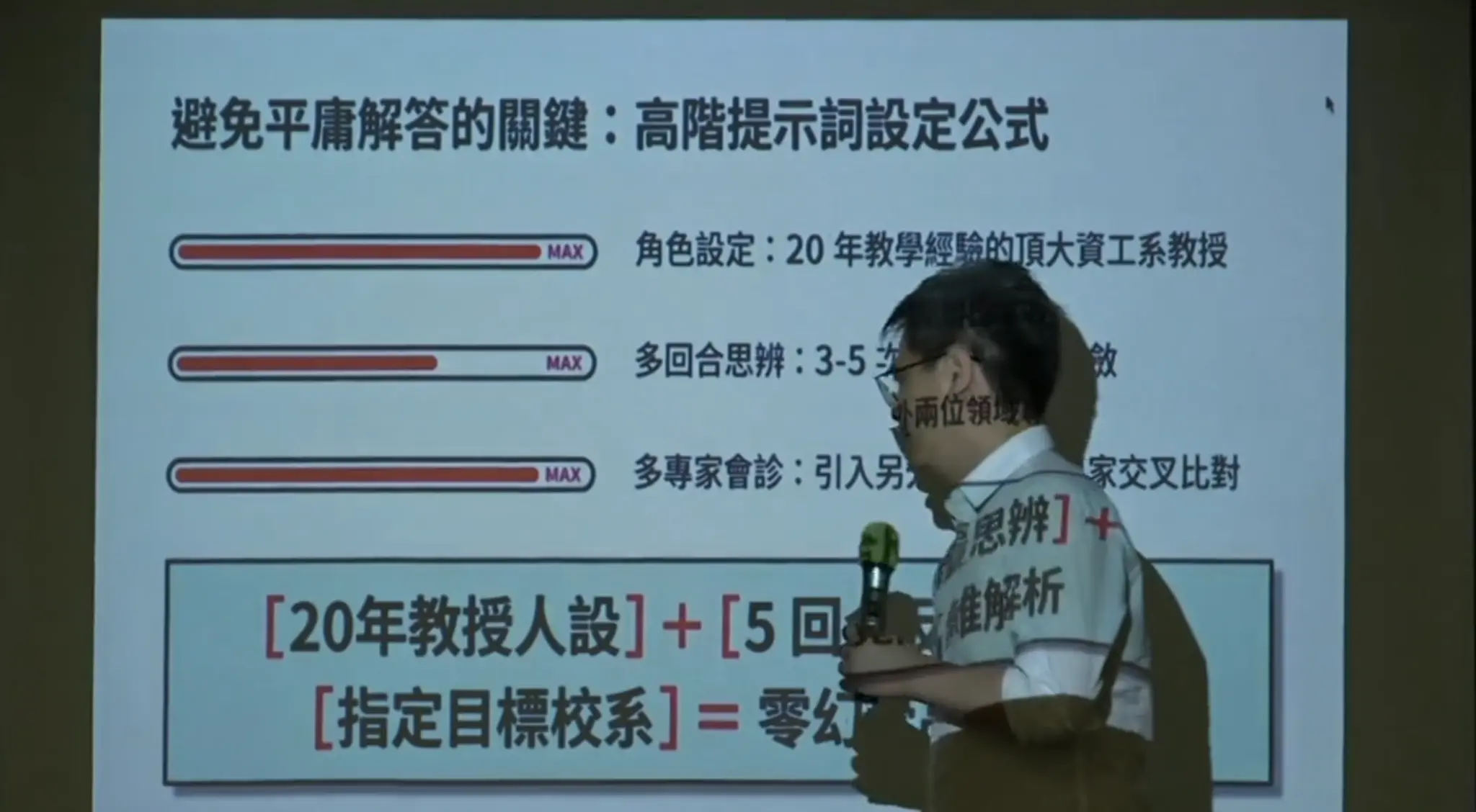 講者在高階提示詞設定公式投影前授課，手持麥克風說明角色與多回合思辨